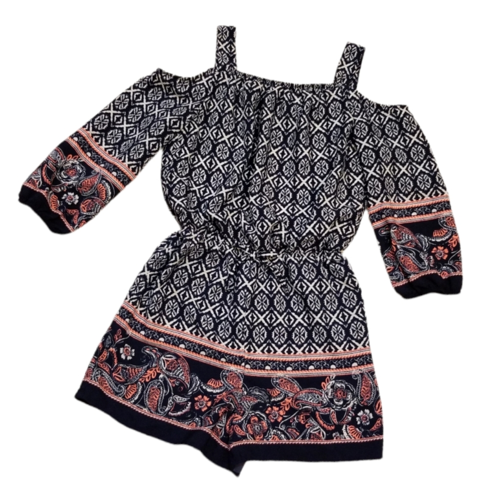 My Michelle Girls Blue Aztec Cold Shoulder Romper L